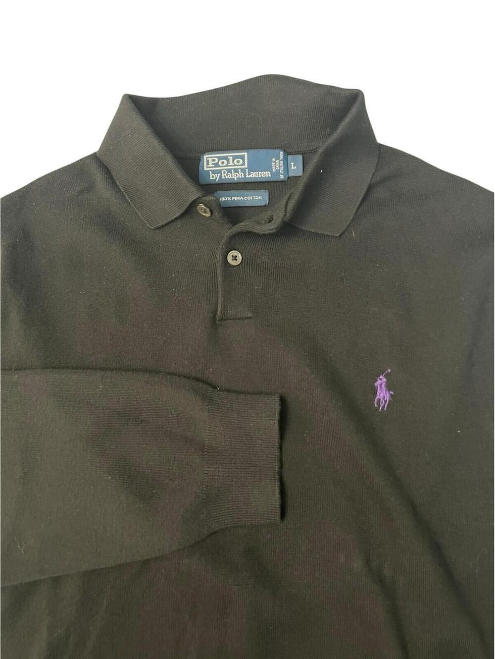 Polo Ralph Lauren Black Long Sleeve Rugby Polo Sweater Purple Pony Size L